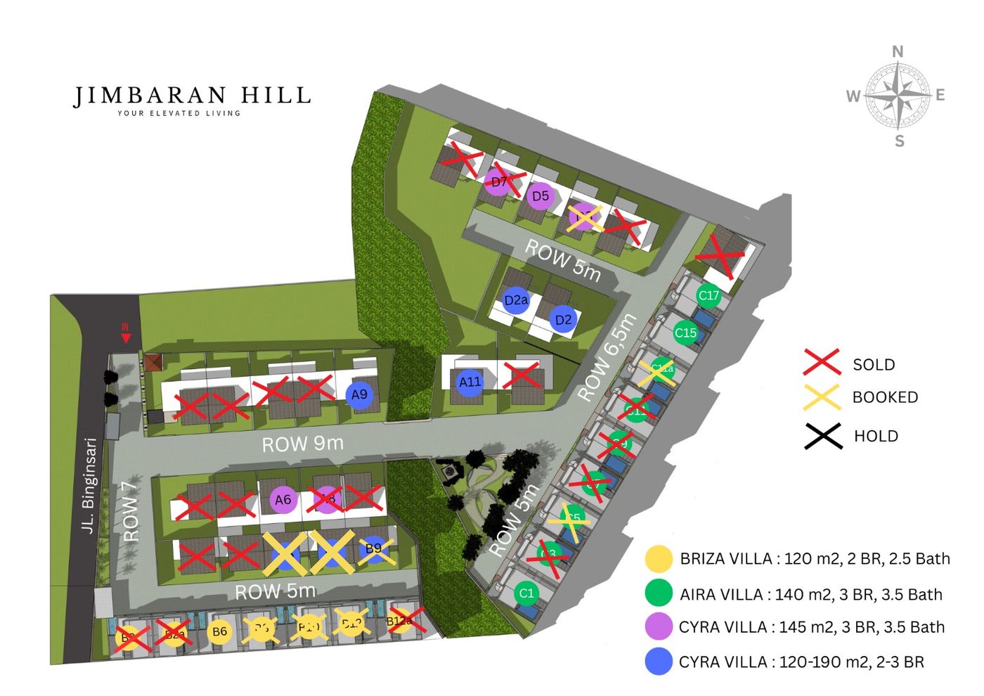 Jimbaran Hill site plan with unit availability — sold, booked, and hold